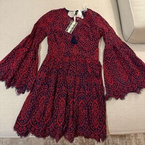 NWT Ultra Pink Red and Blue Lace Bell Sleeve Dress Size Small